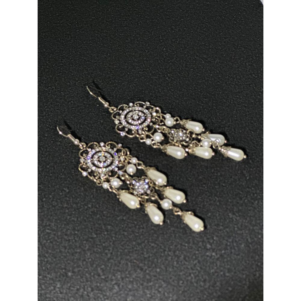 Plunder Gold Tone SET Faux Pearl Rhinestone Necklace Earrings Bridal Statement - Picture 10 of 10